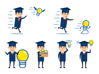 Set of graduate student characters posing with idea light bulb in various situations. Cheerful graduate thinking, holding box full of ideas and showing other actions. Flat vector illustration