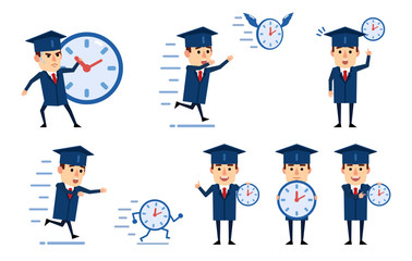 Set of graduate student character posing with watch in various situations. Cheerful student holding clock, trying to catch time and showing other actions. Flat design vector illustration