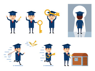 Set of graduate student characters posing with key in various situations. Cheerful student holds big golden key, runs, opens treasure chest and shows other actions. Flat design vector illustration