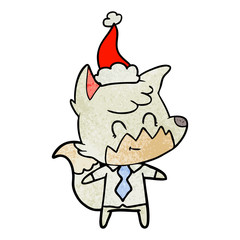 textured cartoon of a friendly fox wearing santa hat