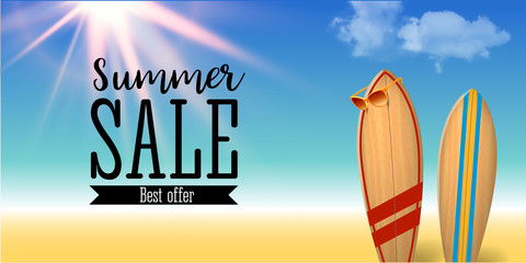 Summer sale design with surf board native graffiti on the blue ocean background with sea life and realistic sun flare. Big sale poster.