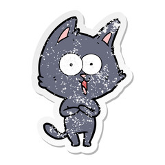 distressed sticker of a funny cartoon cat