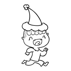 line drawing of a happy boy laughing and running away wearing santa hat