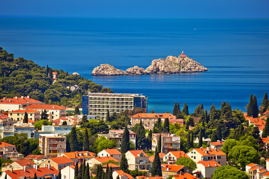 Dubrovnik waterfront and Grebeni island lighthouse view