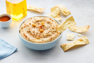 Hummus bowl with chips, chickpeas, and olive oil.