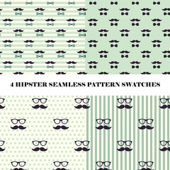 Vector set of 4 hipster seamless repeat pattern swatches. Digital paper with glasses, mustache and bow ties in brown and green colors. Hipster background.