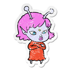 distressed sticker of a pretty cartoon alien girl