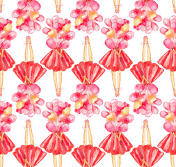  Seamless pattern of watercolor illustration of a faceless girl in a red dress holding a bunch of pink balloons on a white background. Items in two opposite directions.