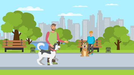 Dog Lovers Walk Flat Color Vector Illustration