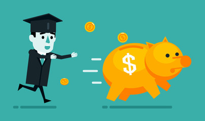 Funny graduate student chases running away big piggy bank. Education expenses growth concept. Flat style vector illustration