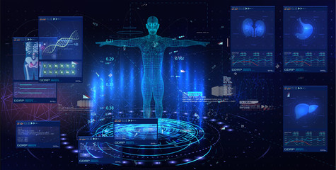 Medical examination in style HUD GUI. Medical Health Care Human Virtual Body Hi Tech Diagnostic Panel. Modern medical science in future and global international medical with tests analysis clone DNA