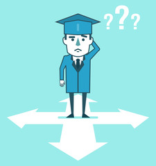 Graduate student stands at crossroads and decides which way to go. Future planning, choose career direction. Simple style vector illustration