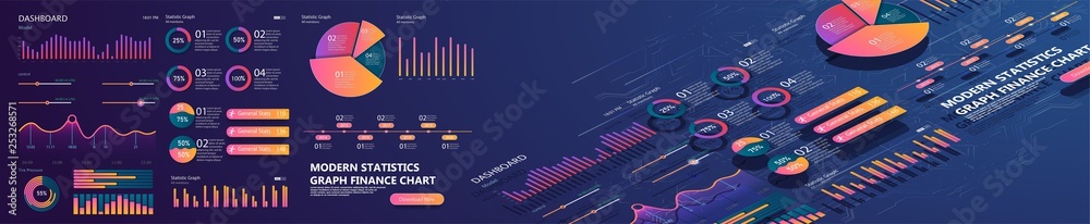 Poster set of colorful infographic vector elements: presentation graphics, statistics of data and diagrams.