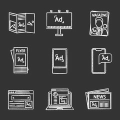 Advertising channels chalk icons set