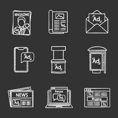 Advertising channels chalk icons set