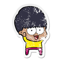 distressed sticker of a happy cartoon boy waving