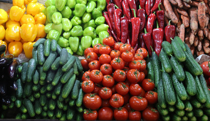 Selection of colorful tomatoes in farmers market 