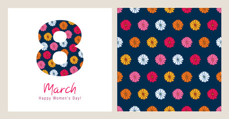 Greeting card with March 8 and seamless pattern. International Women's Day. 8 shape with spring flowers. Dark blue background. Vector illustration.