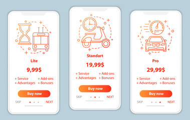 Tariff plans onboarding mobile app screens vector templates