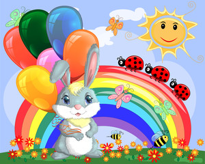 Obraz na płótnie Canvas Cute cartoon bunny with an armful of balls on a glade near the rainbow. Spring, postcard