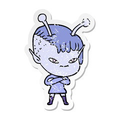 distressed sticker of a cute cartoon alien girl