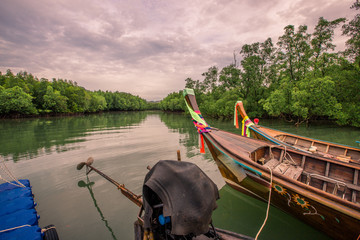The background of the jetty, the waterfront village community and the wooden bridge overlooking the mangrove forest, is the beauty of nature, seen during travel.