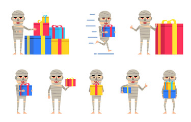 Set of halloween mummy characters posing with different gift boxes. Funny mummy holding present, running and showing other actions. Flat style vector illustration