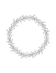 Delicate Hand Drawn Olive Twigs Isolated on a White Background. Vector Black Branch Frame of Round Shape.Retro Style Delicate Black Sketched Floral Wreath.Illustration Without Text.Lovely Wedding Art.
