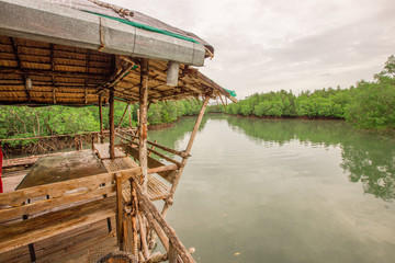 The background of the jetty, the waterfront village community and the wooden bridge overlooking the mangrove forest, is the beauty of nature, seen during travel.