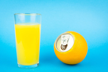 Orange juice on blue background
