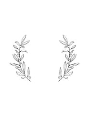 Delicate Hand Drawn Green Olive Twigs Isolated on a White Background. Vector Black Branch Frame. Retro Style Delicate Black Sketched Floral Wreath. Illustration Without Text.