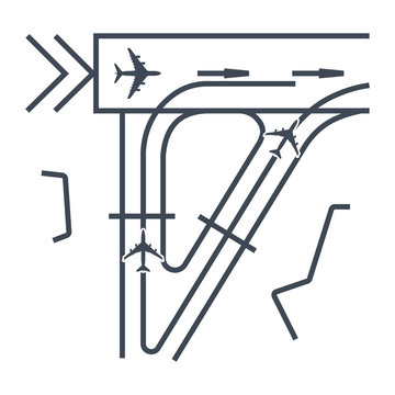 thin line icon airplane, airport runway, taxiway
