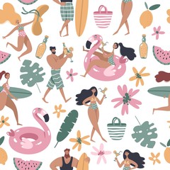 People on the beach, surfer girl, surfer boy, girl swimming on pink flamingo float circle, people drink cocktails. Summertime seamless pattern.