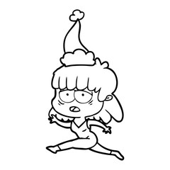 line drawing of a tired woman wearing santa hat