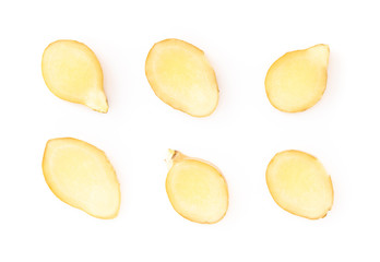 Set of fresh ginger root  sliced on white background for herb and medical product concept