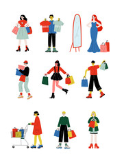 Young Women and Men Carrying Shopping Bags with Purchases Set, People Purchasing at Store, Mall or Shop Vector Illustration
