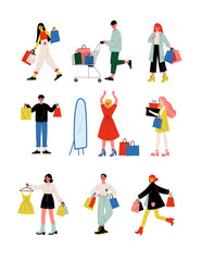 Fototapeta na wymiar Young Women and Men in Trendy Clothes Carrying Shopping Bags with Purchases Set, People Purchasing at Store, Mall or Shop Vector Illustration