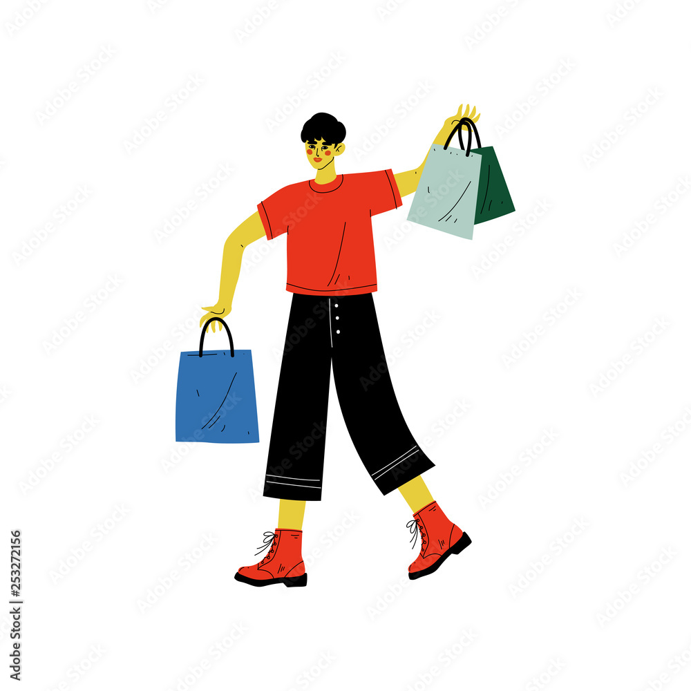 Wall mural Young Man Walking with Shopping Bags with Purchases, Guy Purchasing, Seasonal Sale at Store, Mall or Shop Vector Illustration