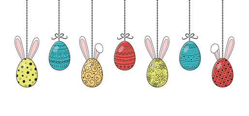 Hanging Easter eggs with funny bunny ears. Vector