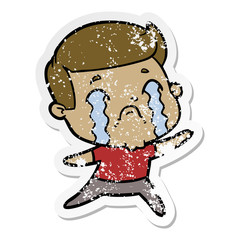 distressed sticker of a cartoon man crying