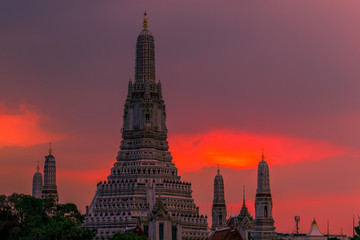 Fototapeta premium Twilight wallpaper in the evening,the sun going back to the horizon,Wat Arun Ratchawaramaram is a temple along the ChaoPhraya River is an important place and a beautiful tourist destination in Bangkok