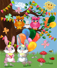 Naklejka premium Two cute bunny with balls in a forest glade. Boy and girl, concept spring, love