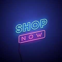 Shop Now neon sign. Vector illustration.
