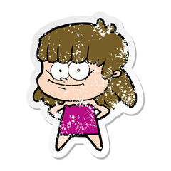 distressed sticker of a cartoon smiling woman