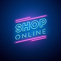 Shop online neon sign. Vector illustration.