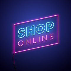 Shop online neon sign. Vector illustration.