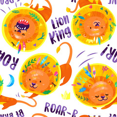 Hand drawn seamless pattern of lions with feathers and leaves in his hair. Hand drawn illustration