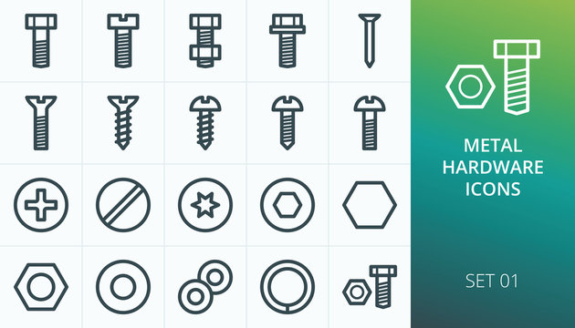 Metal construction hardware linear icons set. Set of screw, bolt, washer, metalware, nut, diy, hexahedron, metal nail vector icons