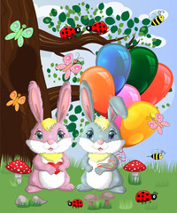 Two cute bunny with balls in a forest glade. Boy and girl, concept spring, love