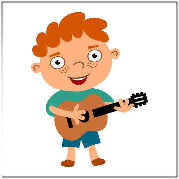 Funny boy in cartoon style playing guitar isolated on white background.